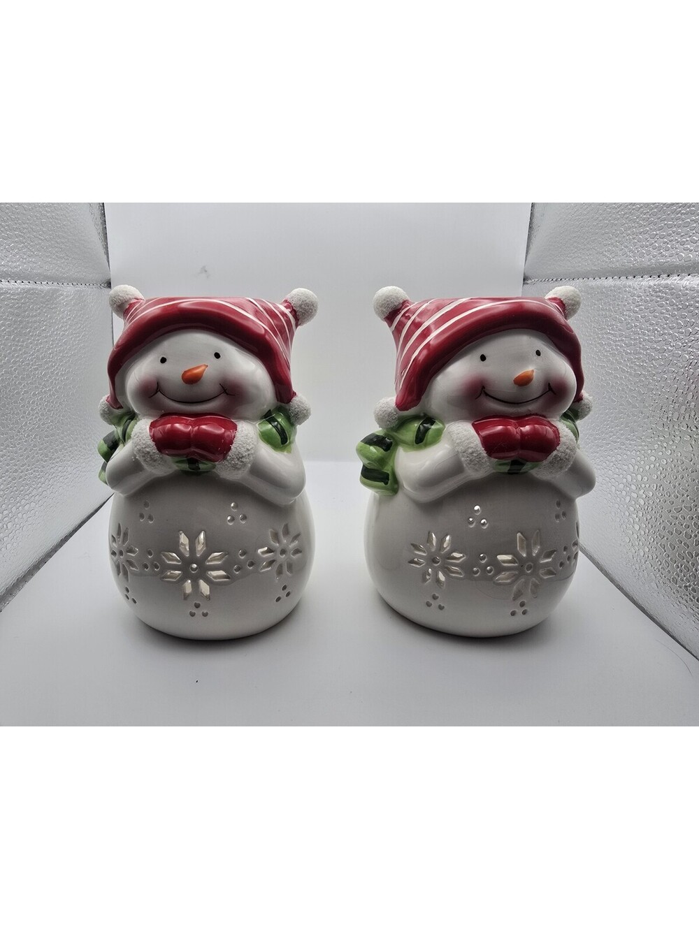 Ceramic Snowman Tea Light Candle Holder Set of 2 Snowflake Cutout Christmas